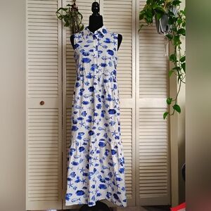 Rachel Zoe Blue White Sea Life Fish Print Sleeveless Maxi Dress Size S –Like New